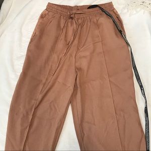 Camel Drawstring Waist Satin Stripe Trouser